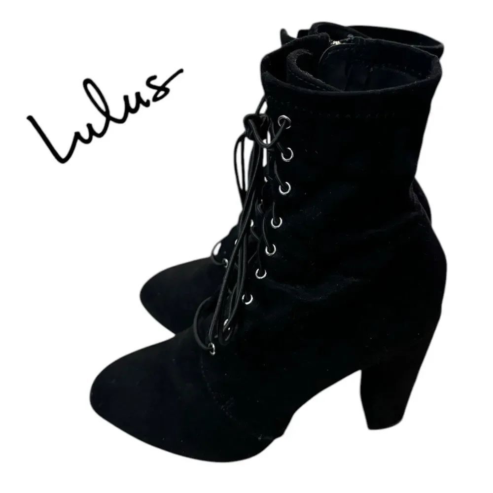 Lulus Soraka Women's Black Suede Lace-Up Mid-Calf Ankle Boots Booties 7